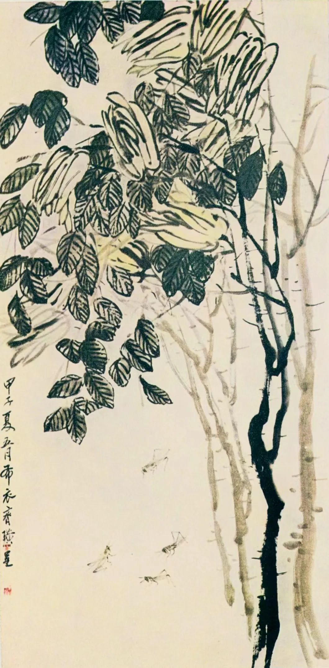 1958年，在柏林出版的画册《艺术世界——中国当代绘画》中的齐白石作品《佛手蛐蛐》。