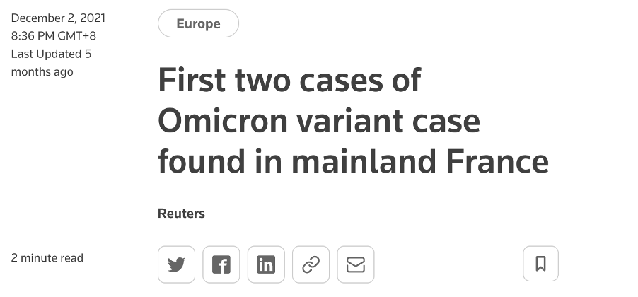 路透社报道截图：“首两例奥密克戎变异株病例在法国本土被发现”