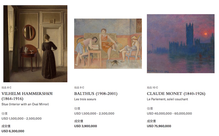 佳士得官网显示，12件作品全部成交，最高价为莫奈的作品《夕阳下的国会大楼》