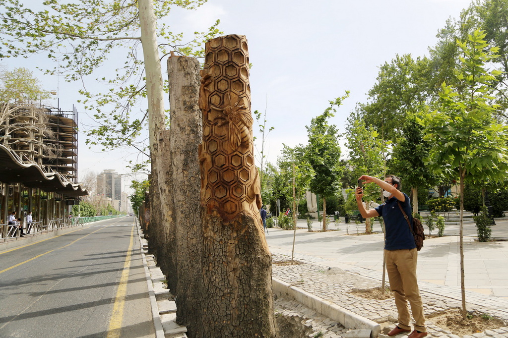 当地时间2022年5月17日，伊朗德黑兰 ，死去的梧桐树树干作为街头艺术项目的一部分被装饰。