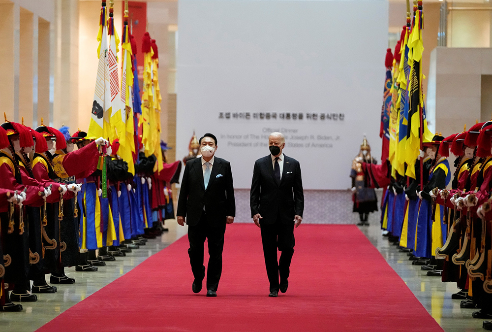 当地时间2022年5月21日，韩国首尔，韩国总统尹锡悦举行国宴，招待来访的美国总统拜登。