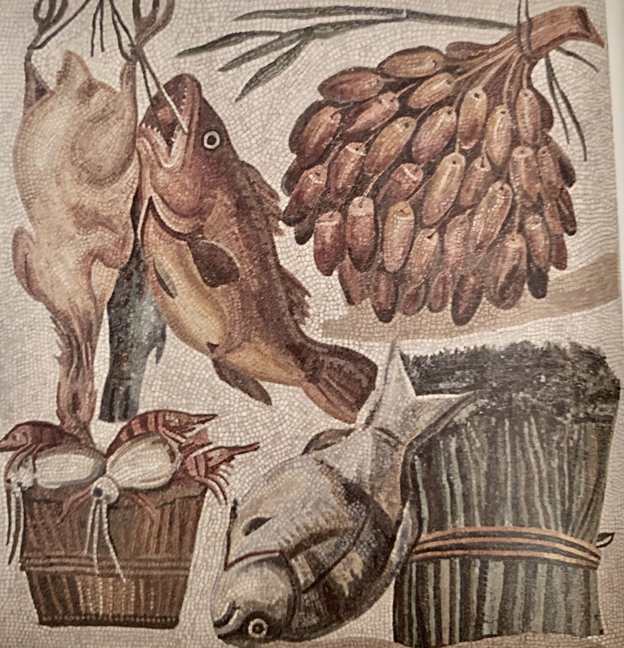 二世纪的马赛克镶嵌画 发现于罗马附近的古代庄园，右下角描绘了芦笋