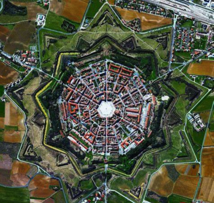 修建于1593年，位于意大利边境的圆形城市帕尔马诺瓦，是文艺复兴圆形城市设计的实践典范。