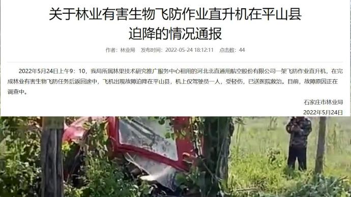 石家庄市林业局通报“直升机迫降”：驾驶员受轻伤