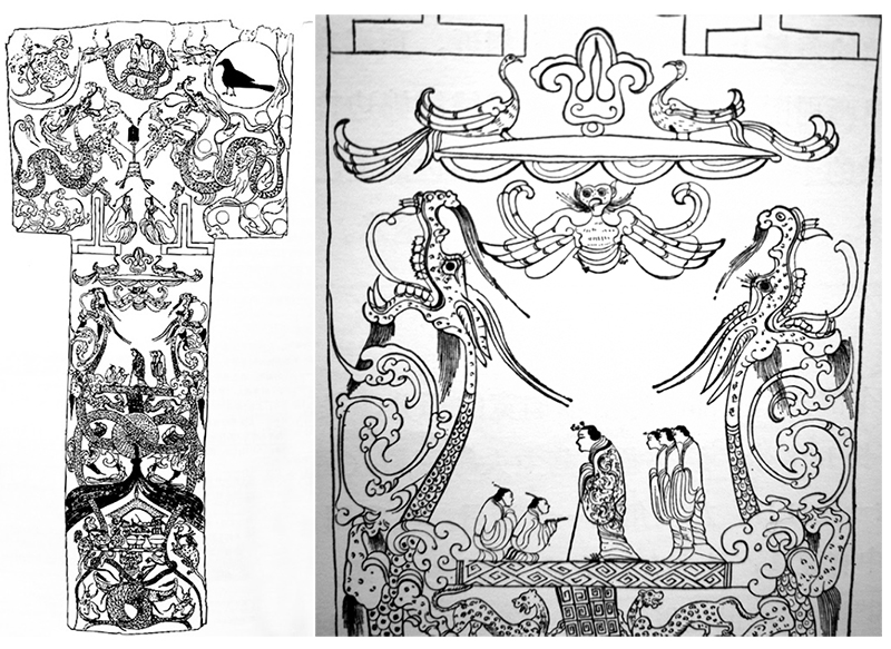 图5:1 马王堆一号汉墓出土t型帛画线图及其局部人间场景图