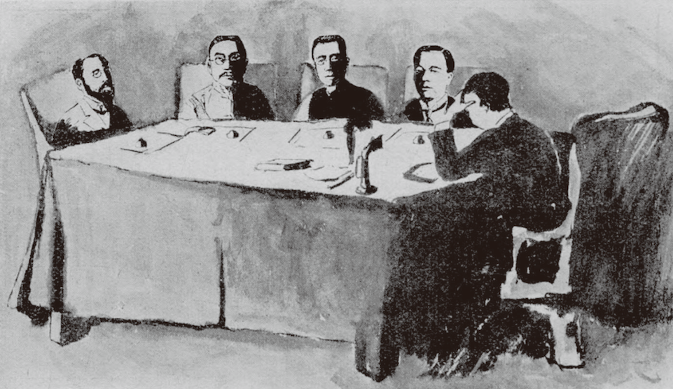 复旦学生手绘董事漫画，形象颇为传神，且能反映各人在董事会中地位（从左到右：于右任、唐绍仪、聂云台、简照南，及一位无面孔者）。图片来源：《复旦年刊（1922）》