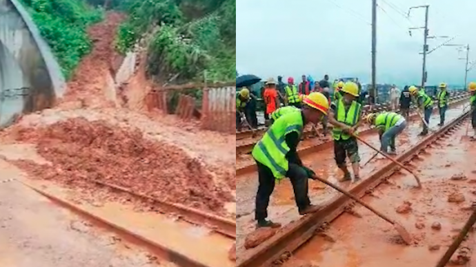 铁路隧道口泥石流事发点最新画面：下泻泥沙淹没轨道