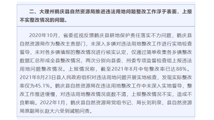 云南鹤庆县自然资源局上报不实整改情况被通报