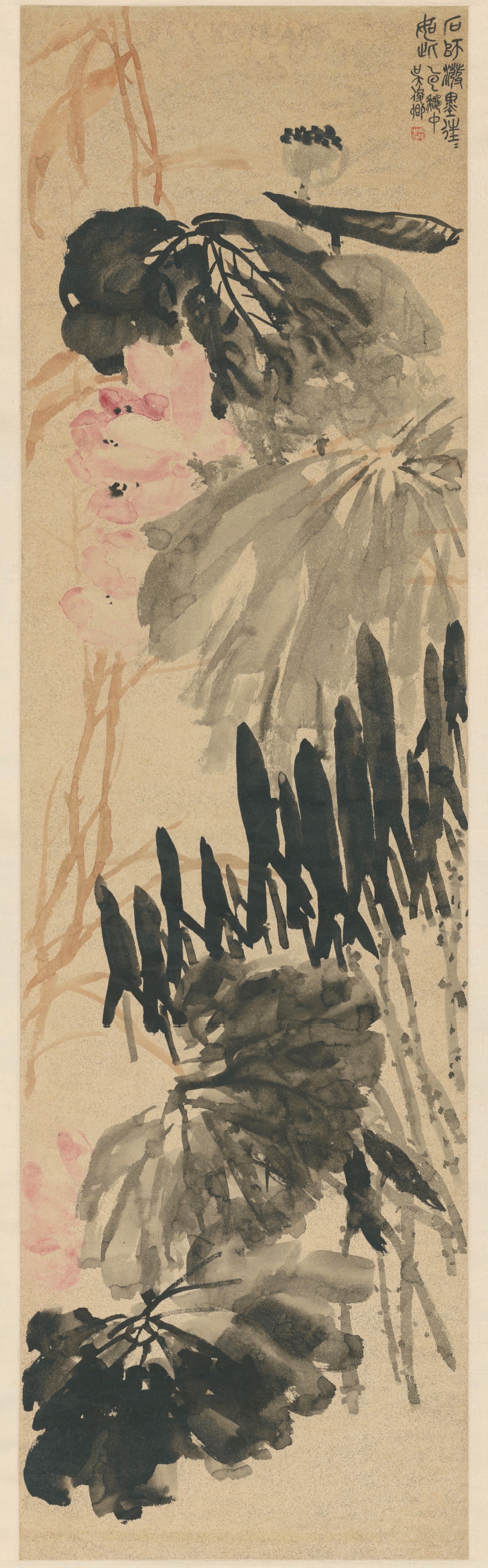 21843f 中国美術 落款有 「蓮花 花鳥図」 掛軸 紙本 彩色 工芸画