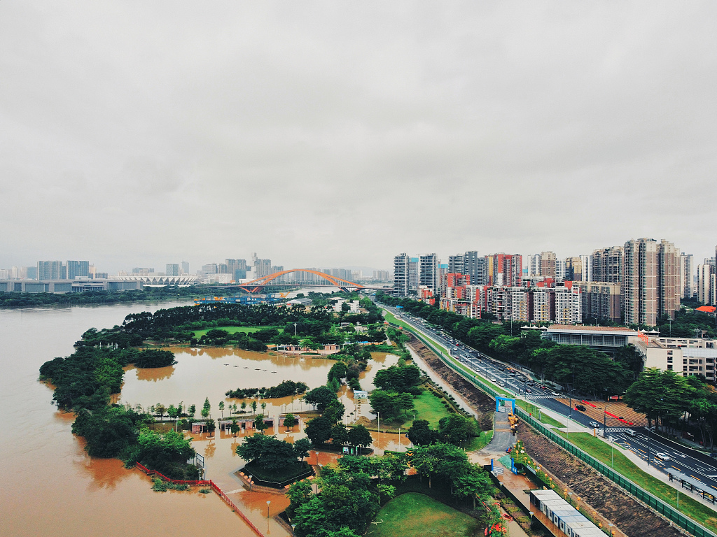 2022年6月17日,广东佛山,禅城区东平河沿岸多处湿地公园被洪水淹没
