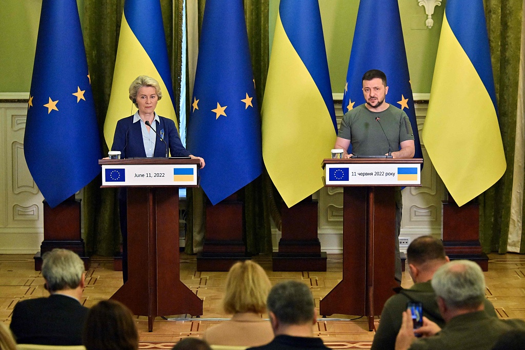 当地时间2022年6月11日，乌克兰基辅，欧盟委员会主席冯德莱恩与乌克兰总统泽连斯基举行会谈。人民视觉  资料图