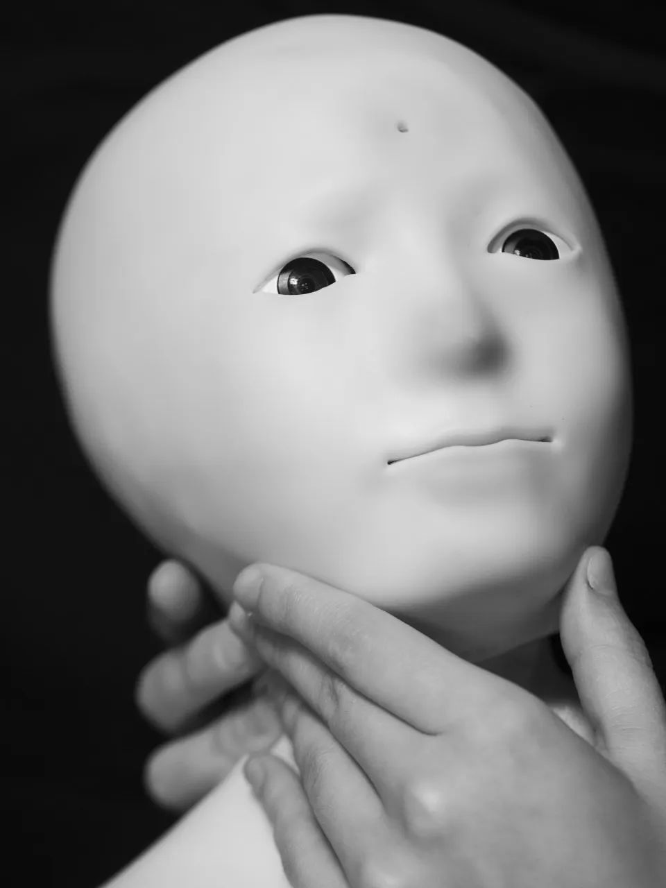 奥利维娅拍摄的人形机器人Telenoid可接收触觉信息并通过千里之外另一机器人反馈给对方。人工智能宠物Lovot则会对用户情绪做出反应。©Olivia Arthur｜Magnum Photos