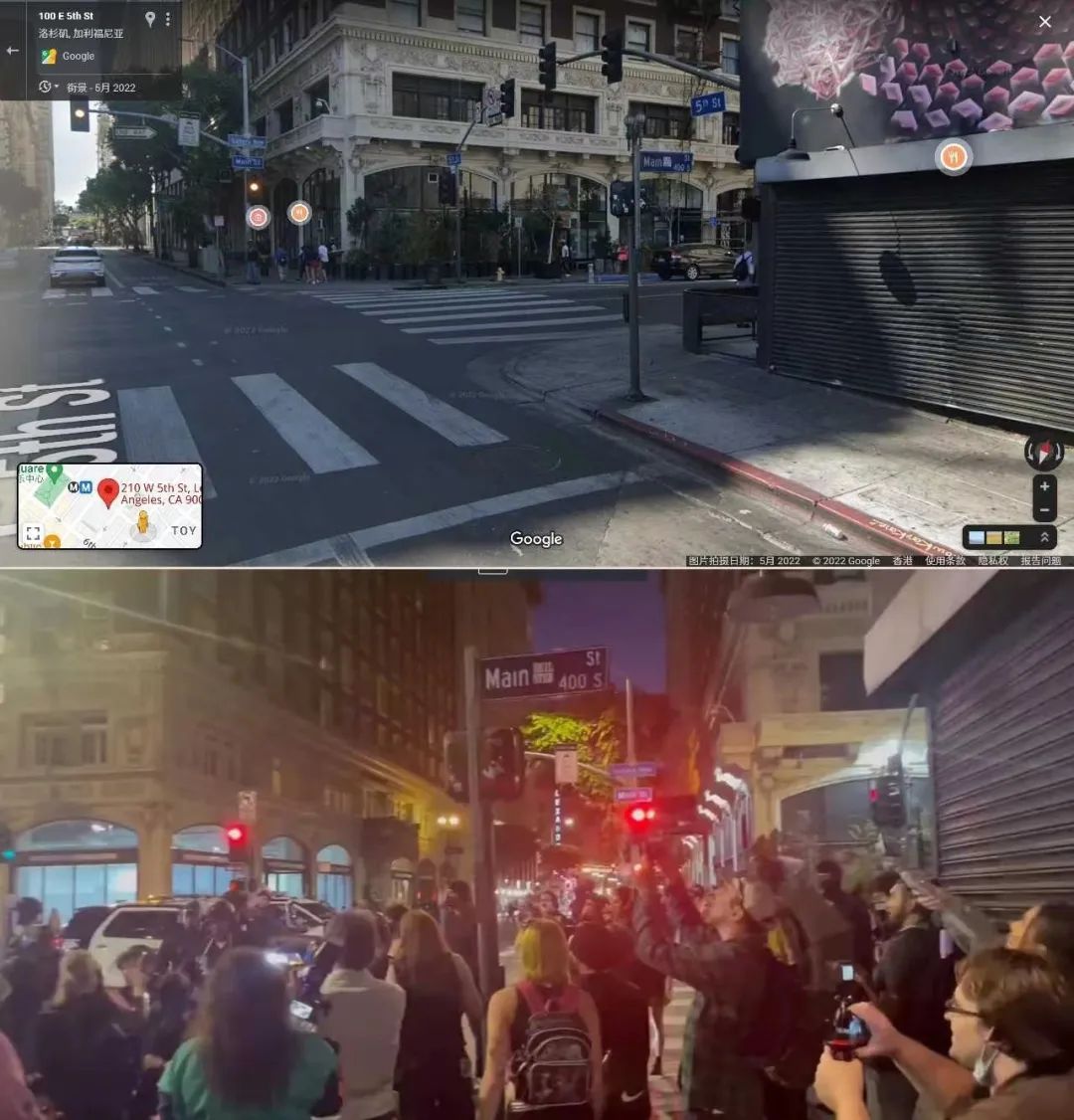 谷歌街景与视频内容比对，可见同样的写有400 S Main St的路牌。  