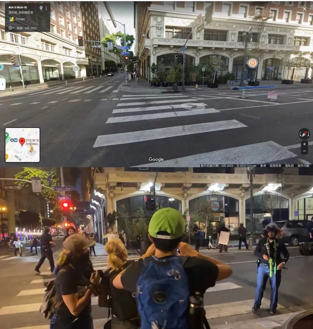 谷歌街景与视频内容比对，可见同样的写有Gallery Row和Main St的路牌。