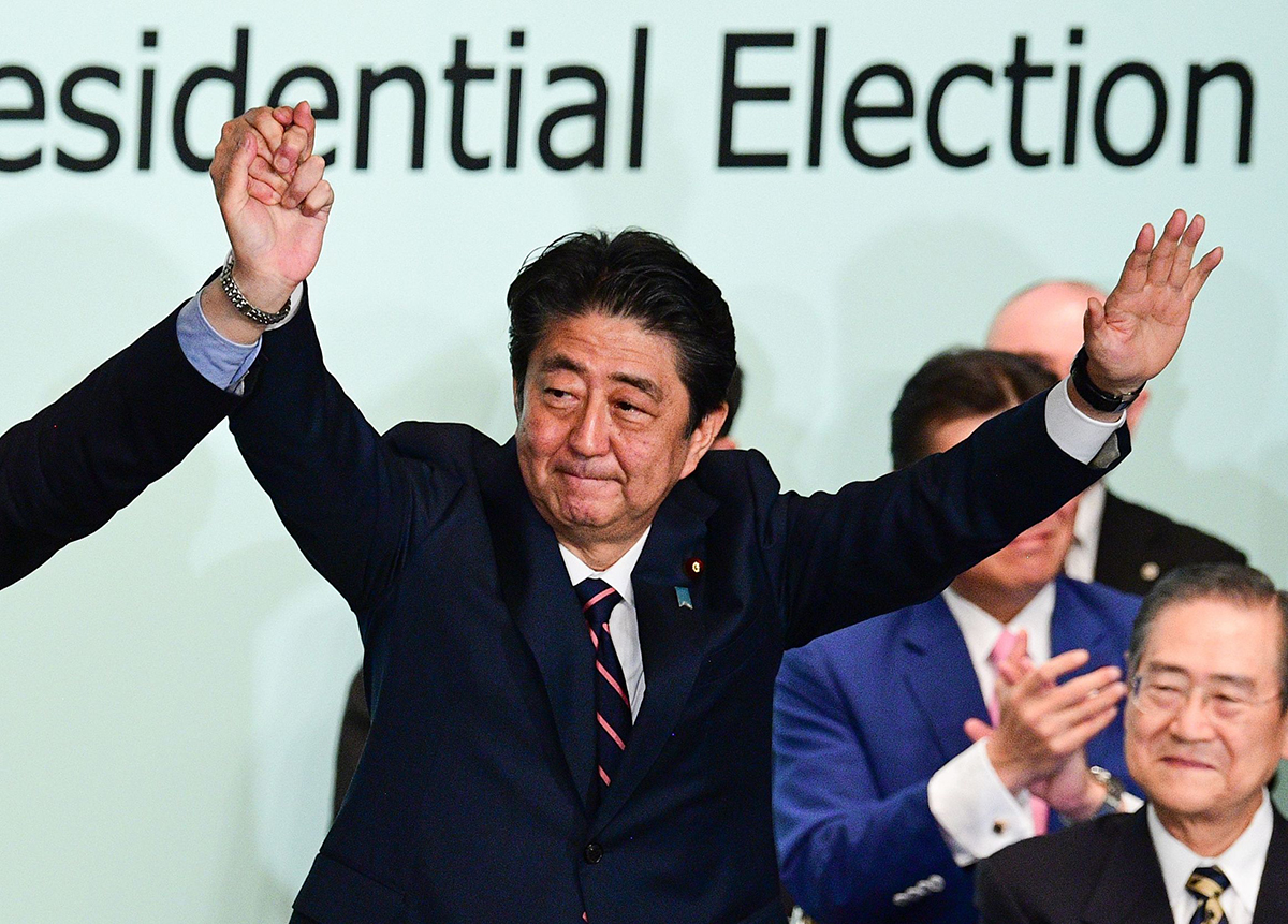 当地时间2018年9月20日，日本东京，日本首相安倍晋三第三次连任自民党总裁。