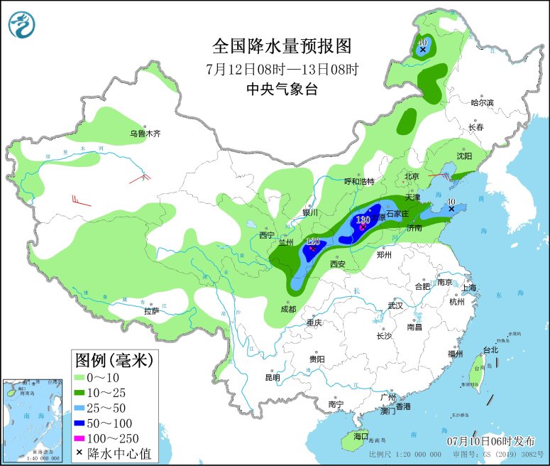 圖4 全國降水量預報圖(7月12日08時-13日08時)