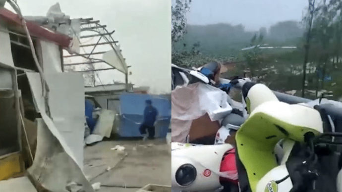 连云港出现疑似龙卷风，房屋被掀顶电动车被吹飞
