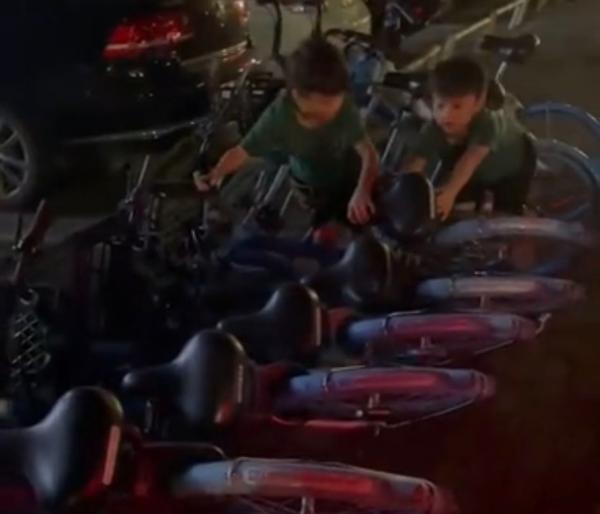 8岁双胞胎自发扶起20多辆共享单车，妈妈在旁安静地记录
