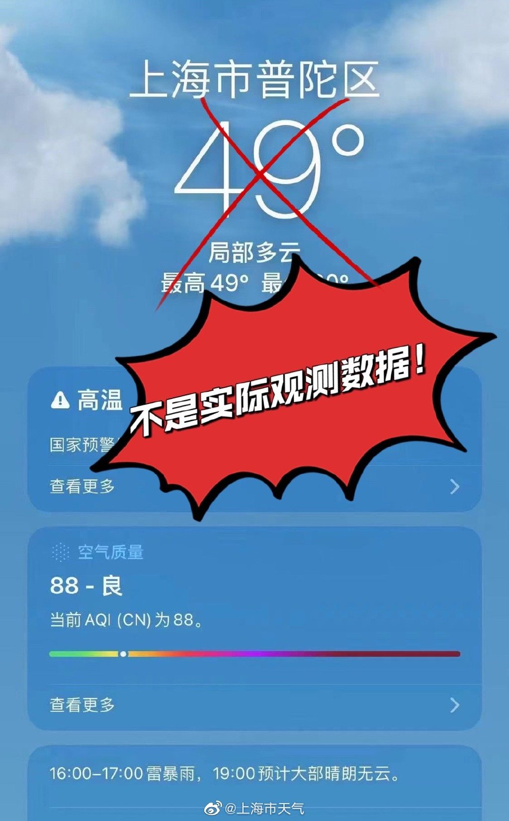 苹果手机自带软件显示上海气温50℃，市气象局：非真实观测