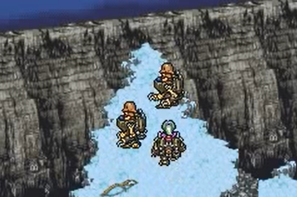 《最终幻想6》开场，受帝国控制的蒂娜骑着魔导机甲行走在雪山，成为FF系列的经典画面。