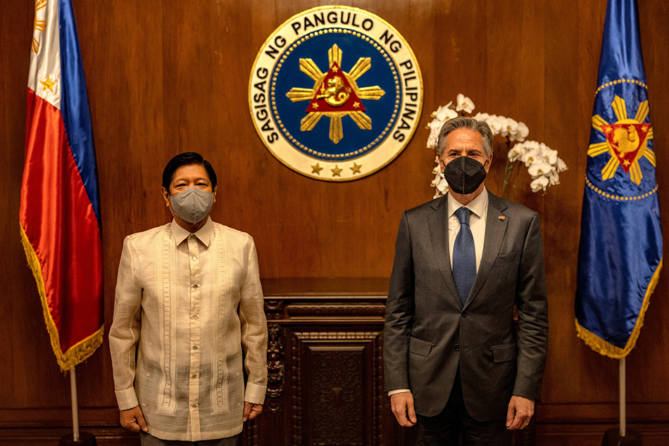 当地时间2022年8月5日，菲律宾马尼拉，菲律宾总统小马科斯会见来访的美国务卿布林肯。 澎湃影像 图