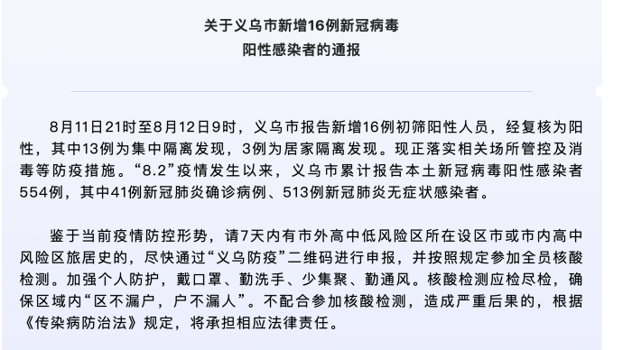 义乌市报告新增16例初筛阳性人员