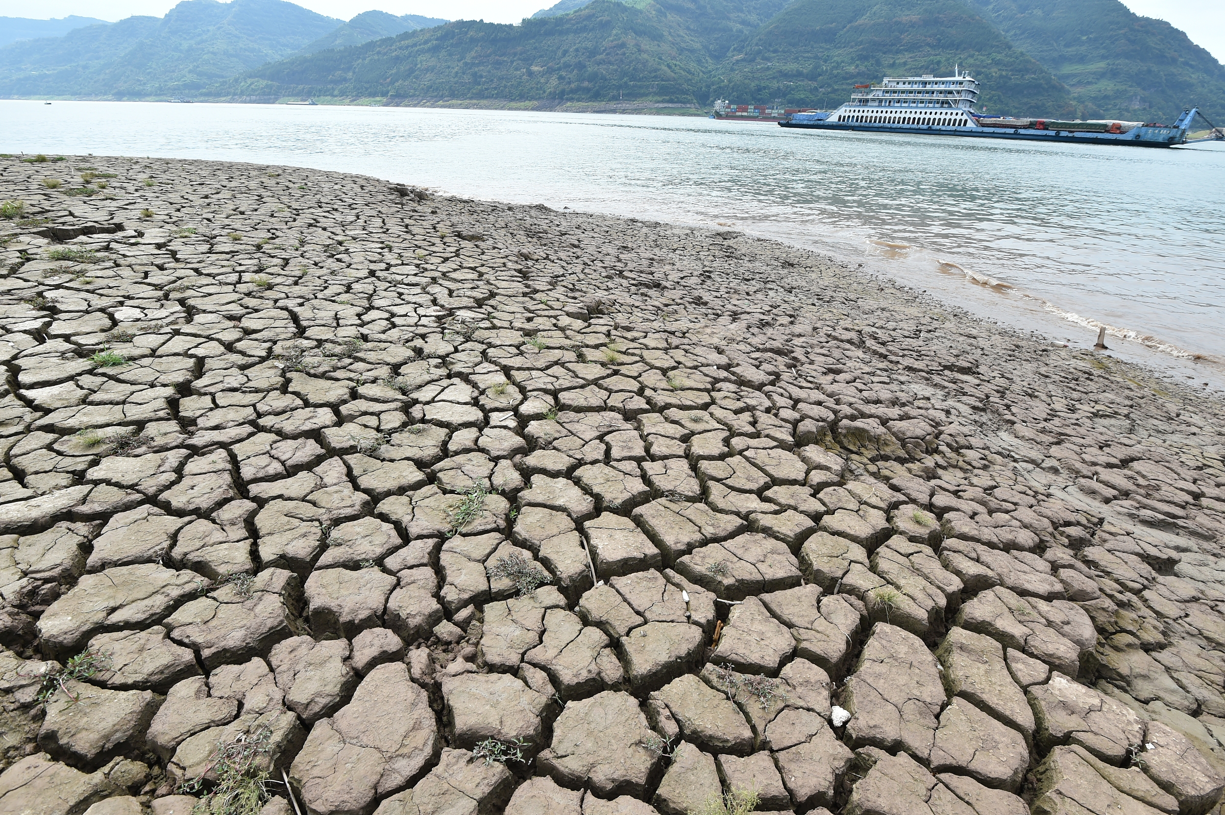 2022年8月16日，重庆云阳，长江水位下降，部分江滩裸露开裂。