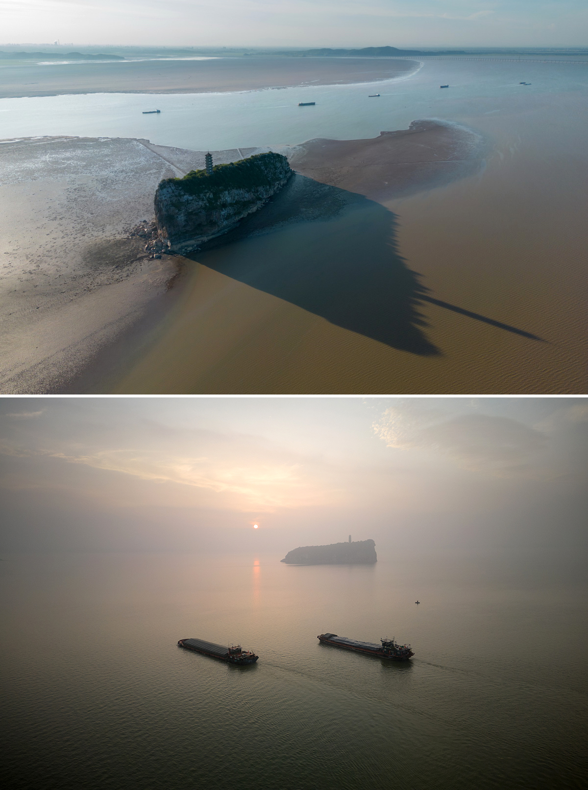 上图：2022年8月8日，江西九江，在鄱阳湖鞋山水域，湖滩露出。下图：同年5月25日，二艘轮船通过鞋山水域。