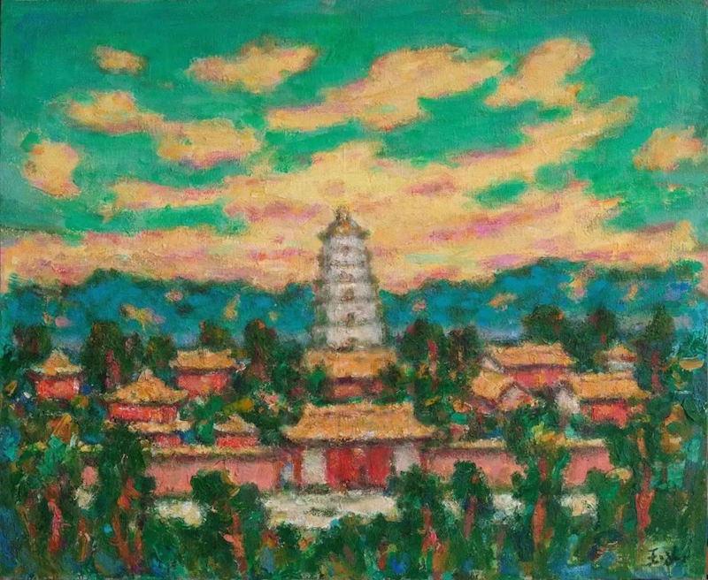 马玉如《扶风法门寺》，布面油画，2002年