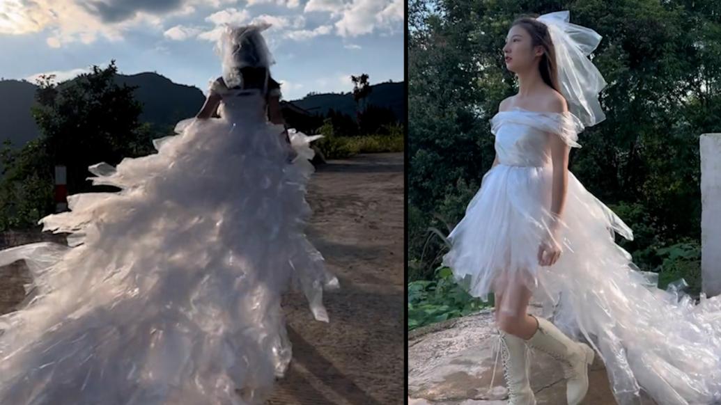 女子花5小时用99个塑料袋自制飘逸婚纱