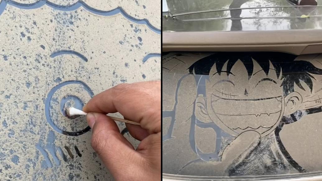 男子用棉签在脏的车玻璃上作画：从小学画画，喜欢涂鸦