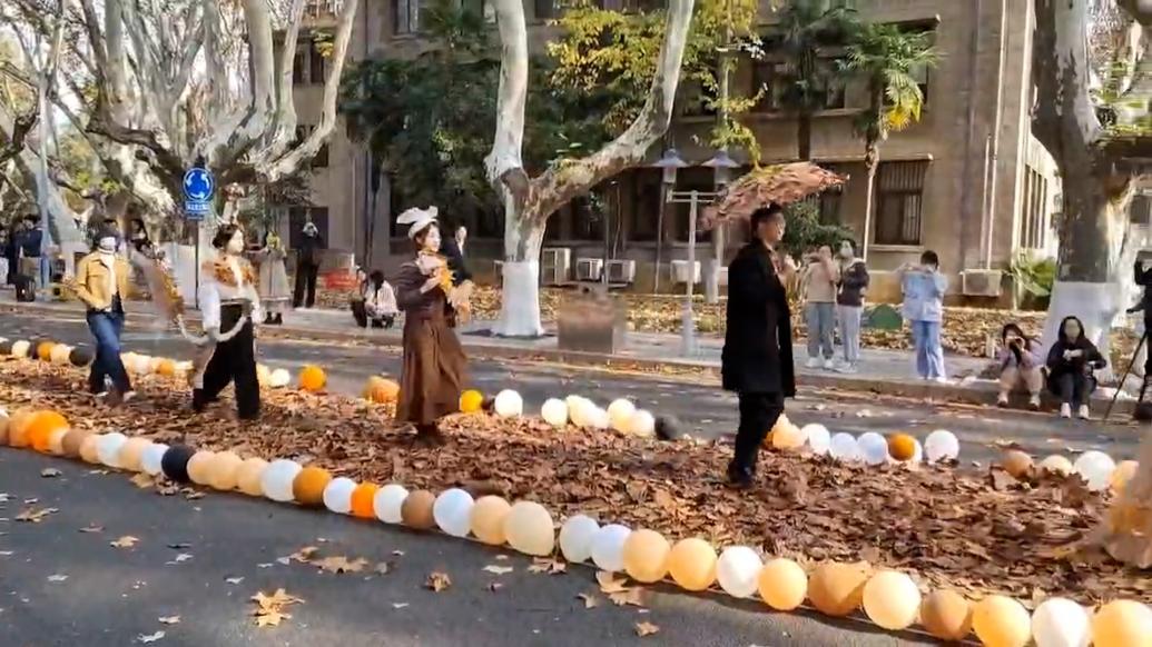东南大学学生举办落叶主题走秀：秋天是梧桐大道最美的时候