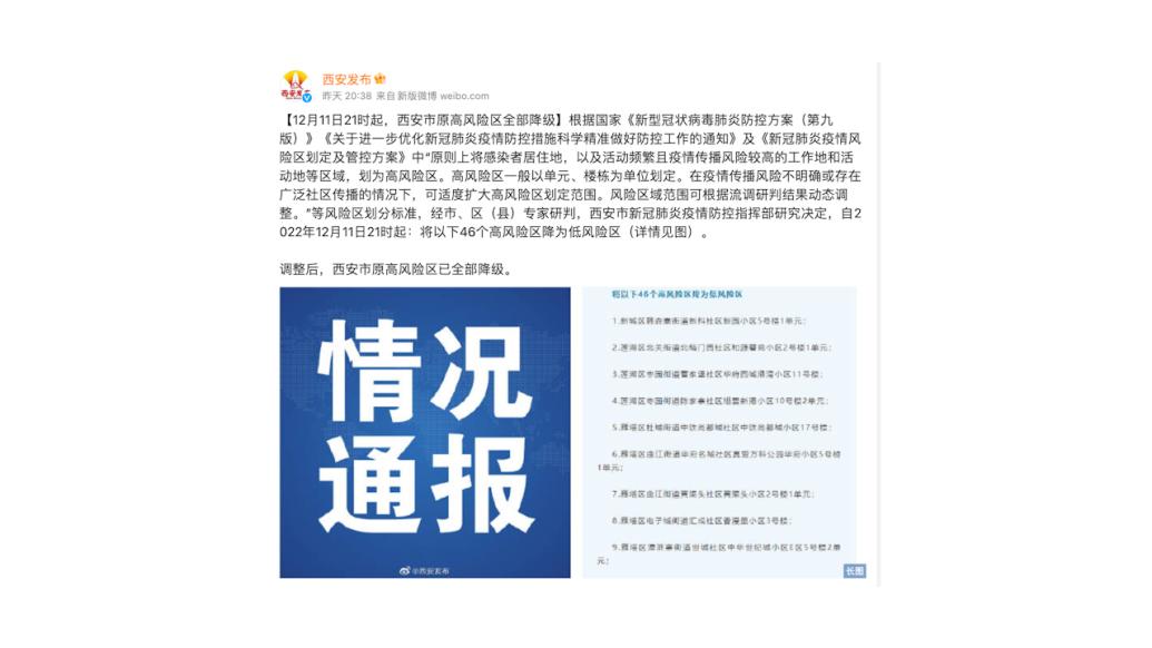 陜西西安：原高風險區已全部降級