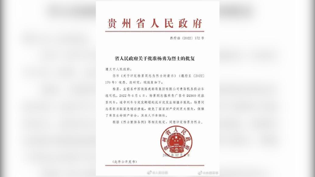 D2809列車殉職司機楊勇被評為烈士