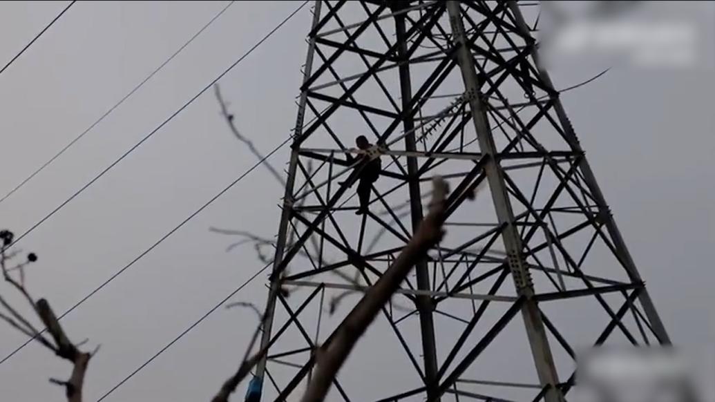 六旬妇女爬上高压电塔，众人劝说四小时救下