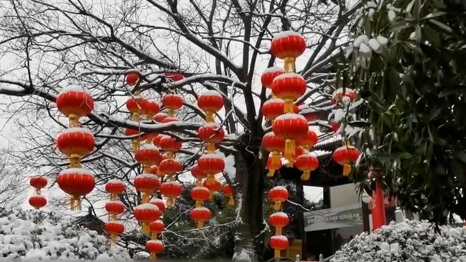 武汉东湖马鞍山森林公园门前张灯结彩，雪打灯笼年味浓