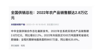 全国供销总社：2022年农产品销售额达2.8万亿元