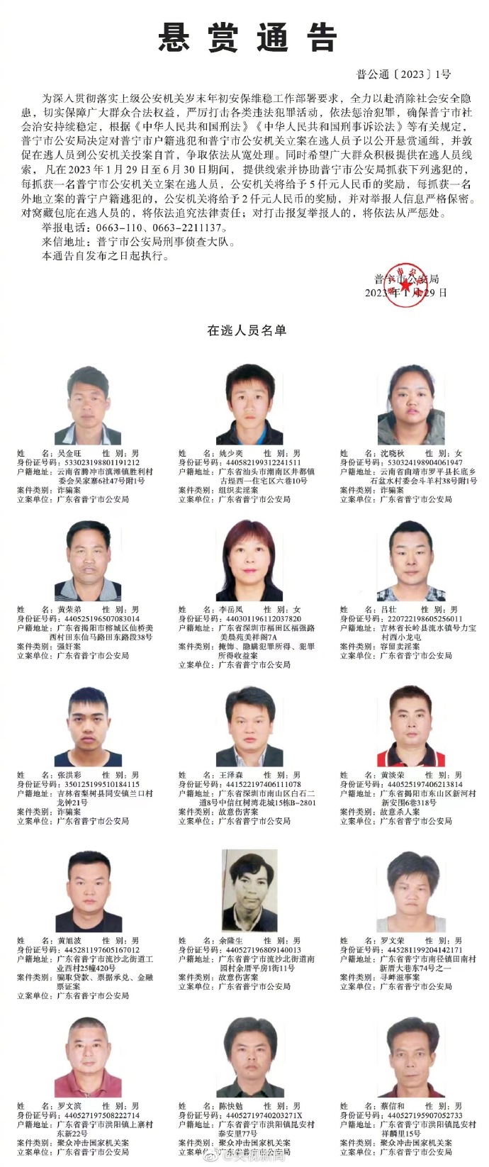 广东普宁公布200余悬赏通缉犯照片，每抓1人奖励5千元