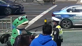 男子穿“青蛙人偶服”招揽生意，因骑电动车未戴头盔被罚
