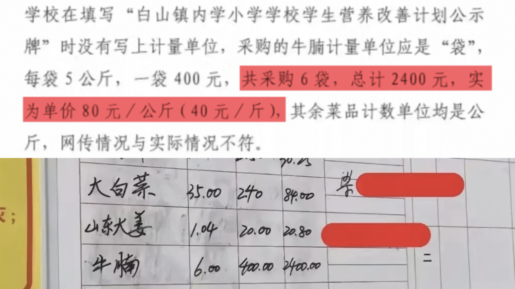 小學采購牛腩400元/斤?馬山縣教育局:計量單位是“袋”