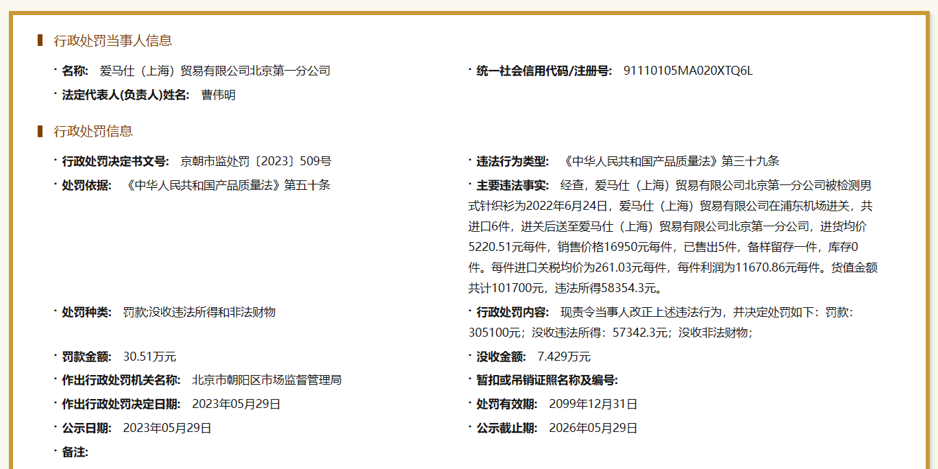 不合格男装进货价5000元售价1.7万，爱马仕被罚30万