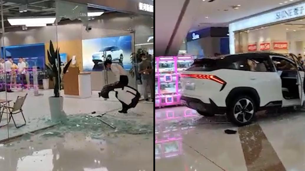 試駕車撞碎玻璃沖出展廳,疑未設置展廳模式所致