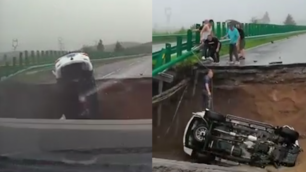 哈牡高速一桥梁坍塌记录仪拍下车辆落水瞬间，附近司乘施救