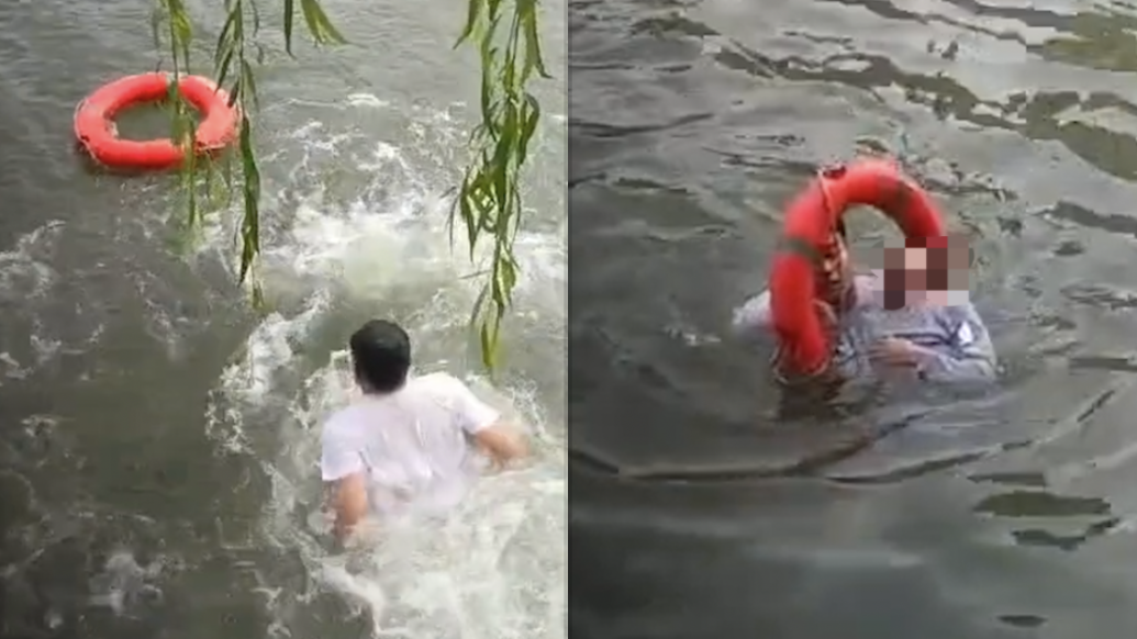 釣魚大哥跳水救起落水女子