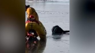女子被困松花江冰面，消防划着冰面救援筏赶来营救