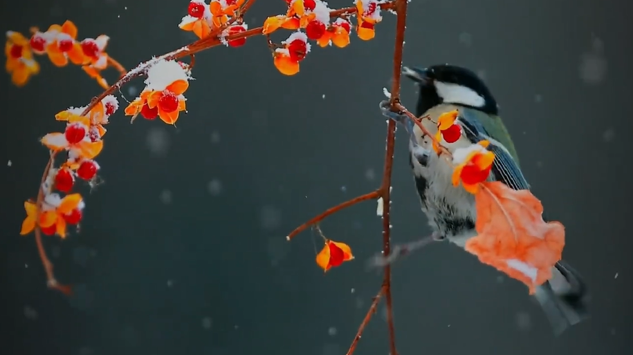 小鸟飞进了正在下雪的“国画”