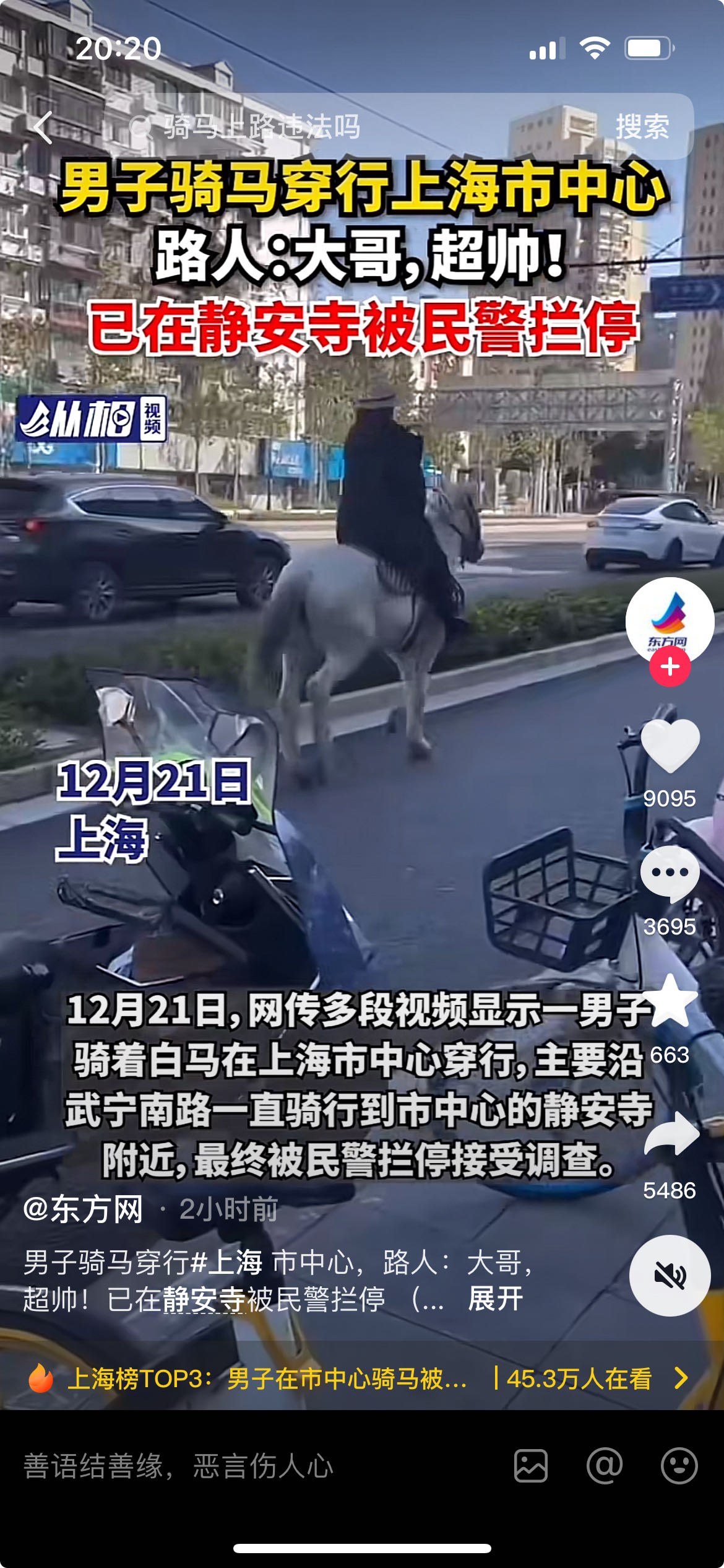 37岁男子骑马由外省市进入上海妨碍正常通行秩序，被行政处罚