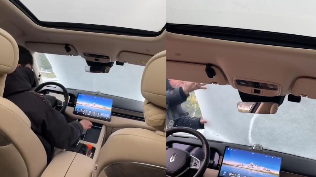 驚險！行車途中車頂積雪滑落，瞬間遮住前擋風玻璃