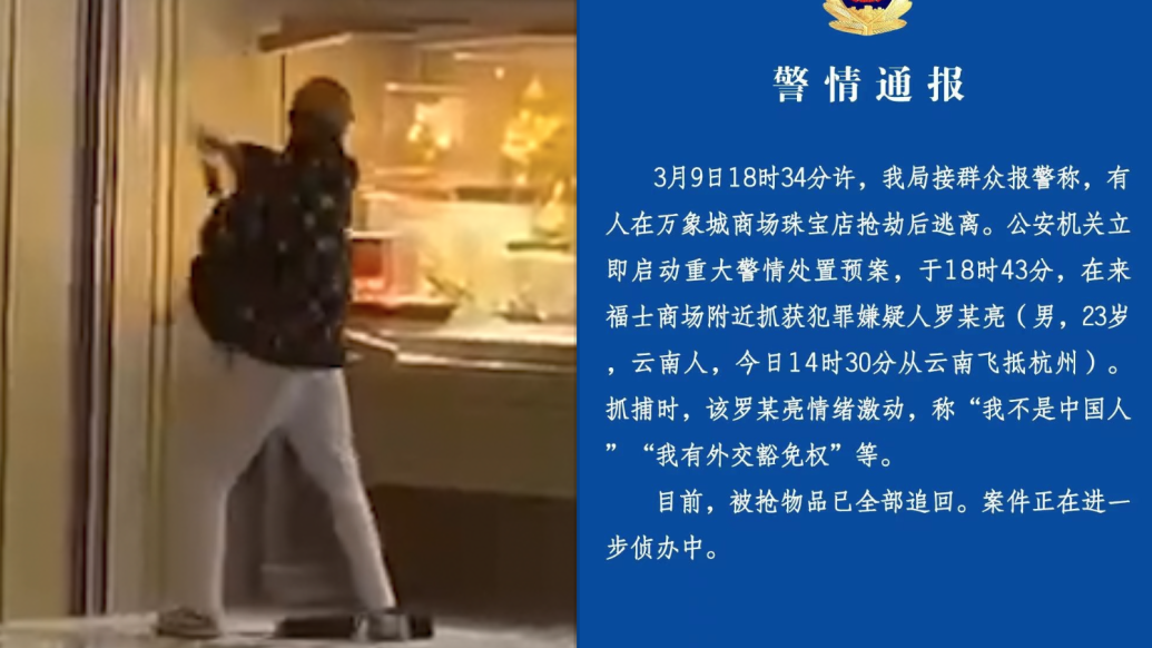 杭州警方通报“男子抢劫万象城珠宝店”：嫌疑人已抓获，物品全部追回