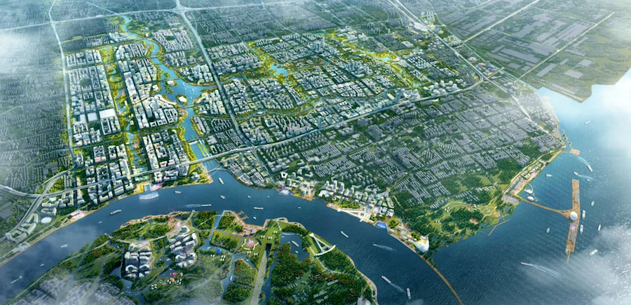 大吴淞地区效果图规划中还增加了多条城市通风廊道,动物迁徙廊道,以及